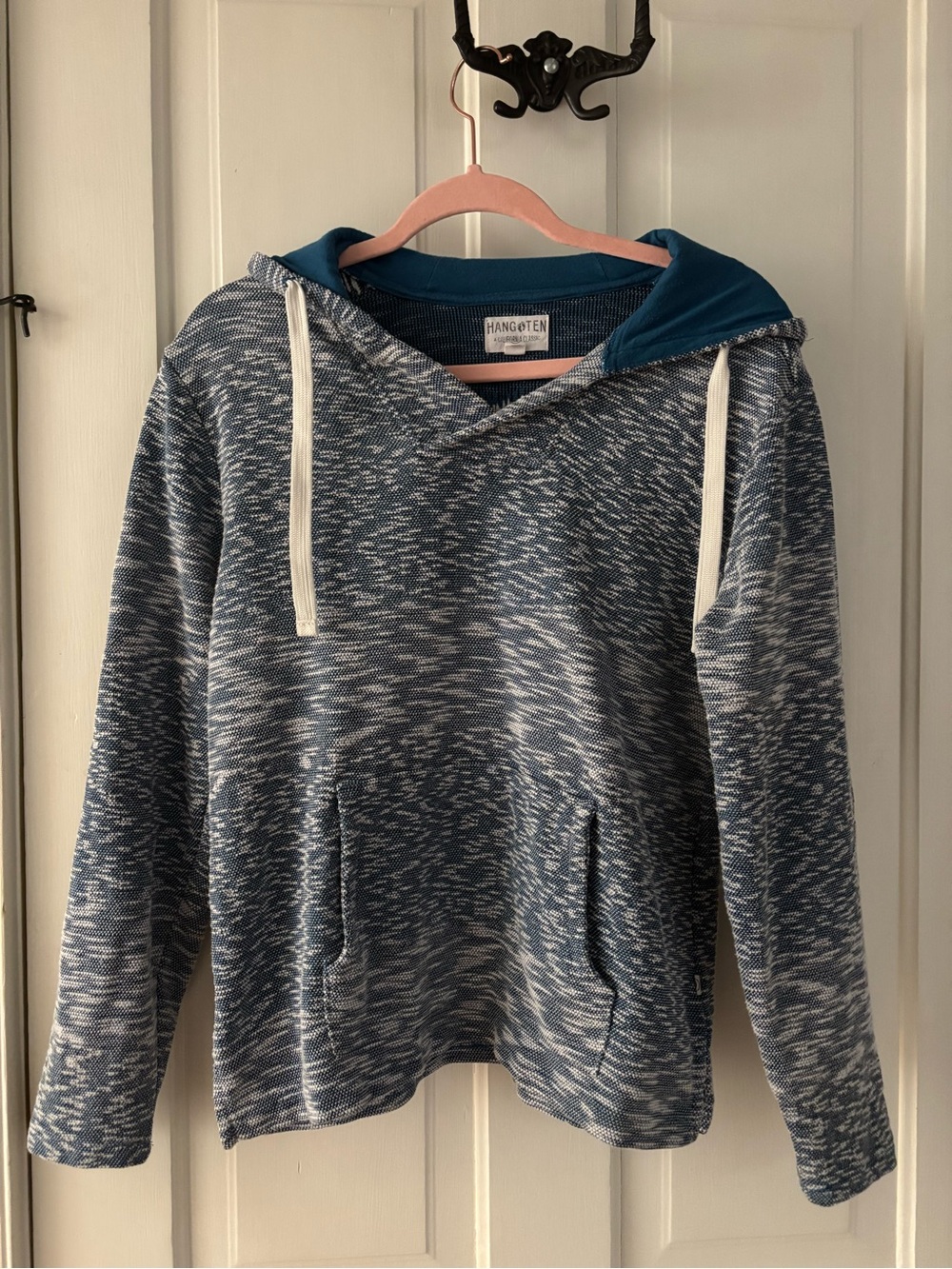 Hang Ten Blue and White Marled Pullover Hoodie with Teal Trim